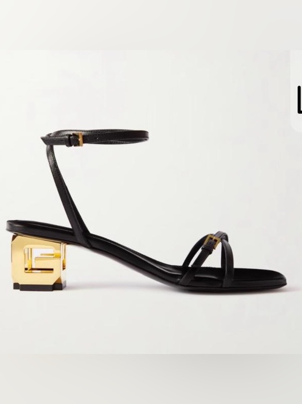 Givenchy Black Leather Ankle-Strap Sandals with Gold Logo Heel